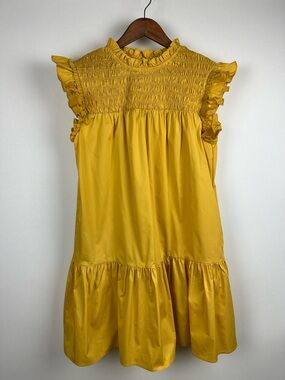 Strut & Bolt Mustard Smocked Babydoll Dress Ruffle Sleeve Tiered NWT